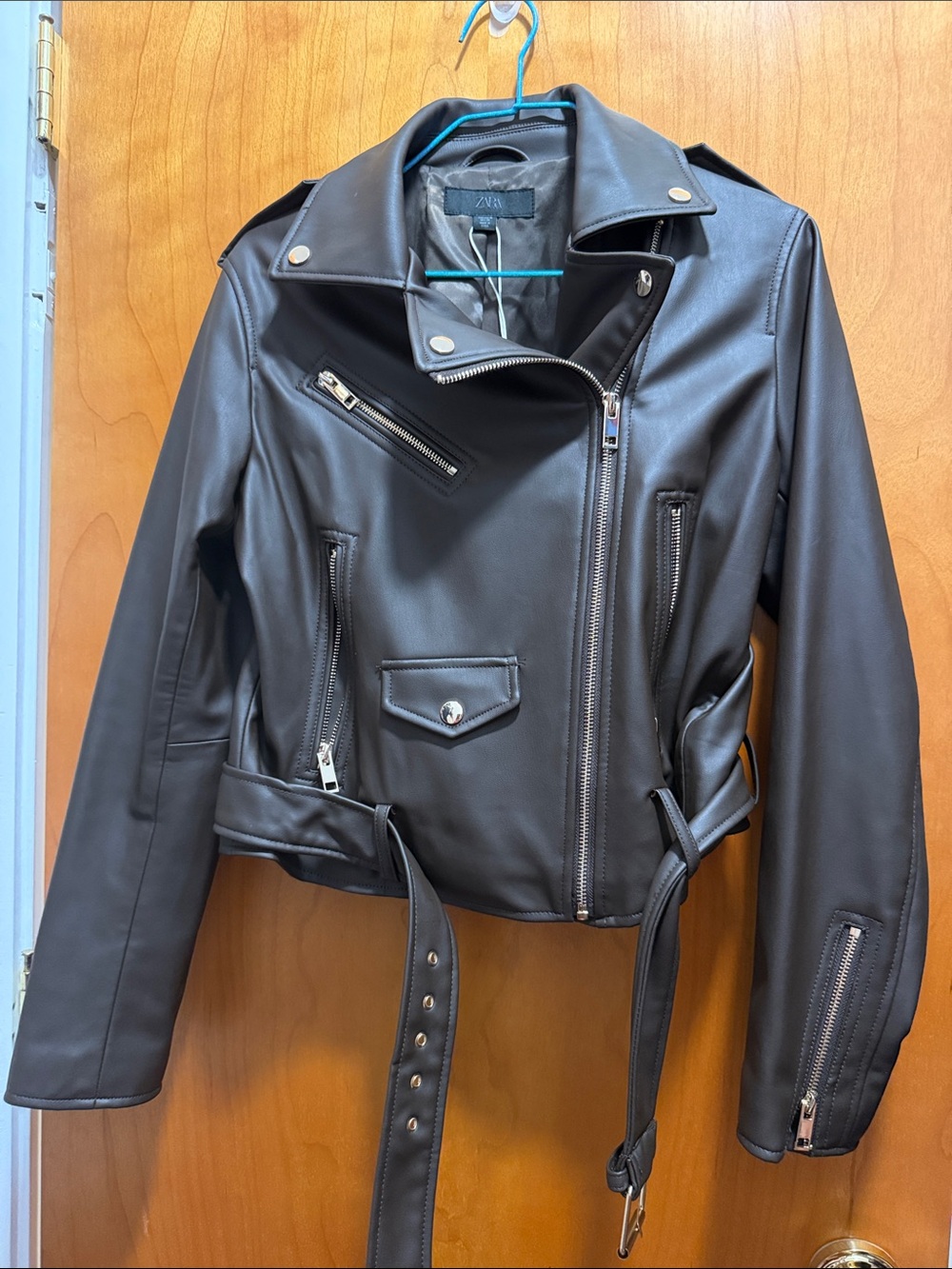 Zara Brown Faux Leather Biker Jacket with Belt